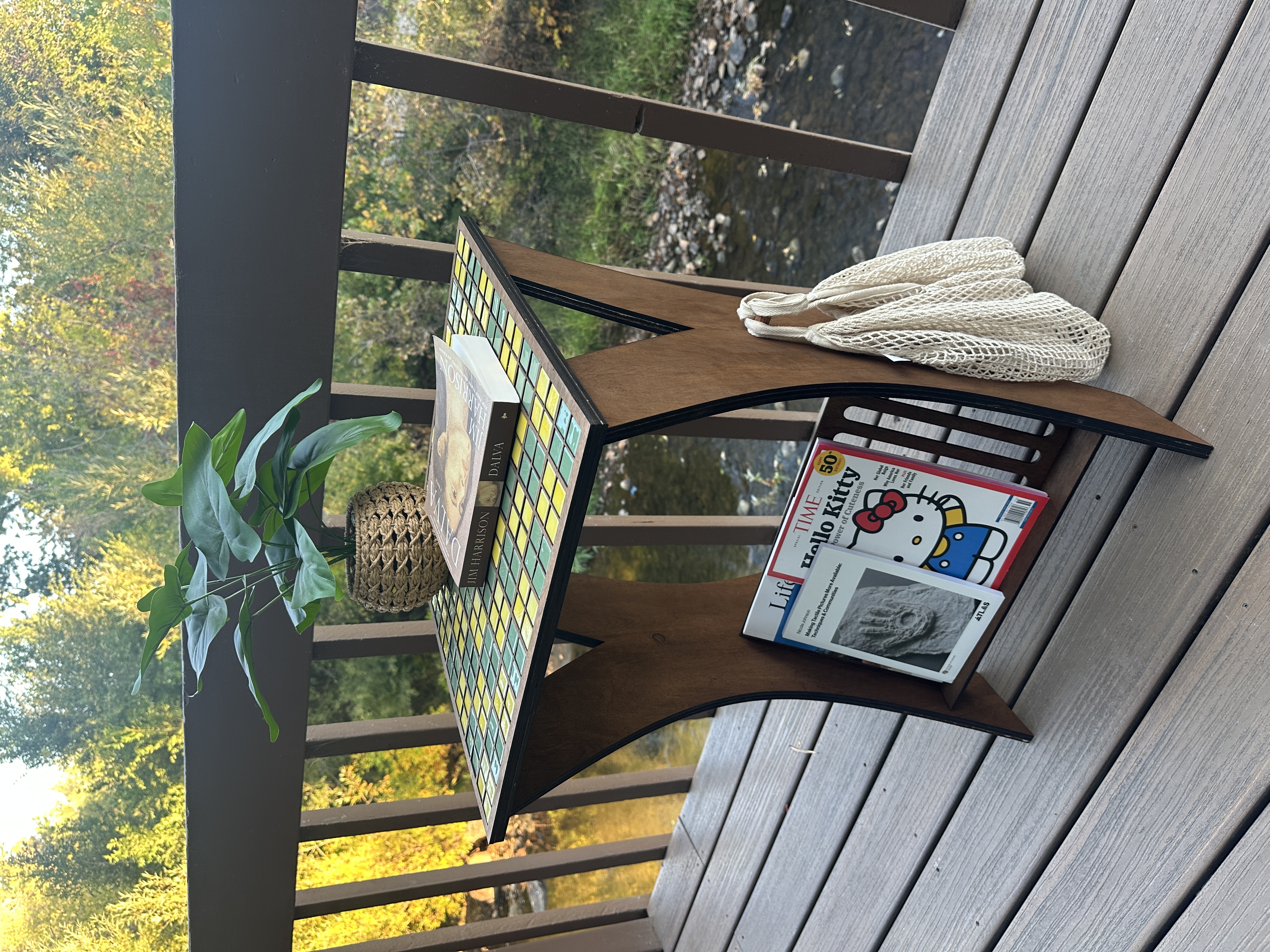 Chessboard table staged, side angle
