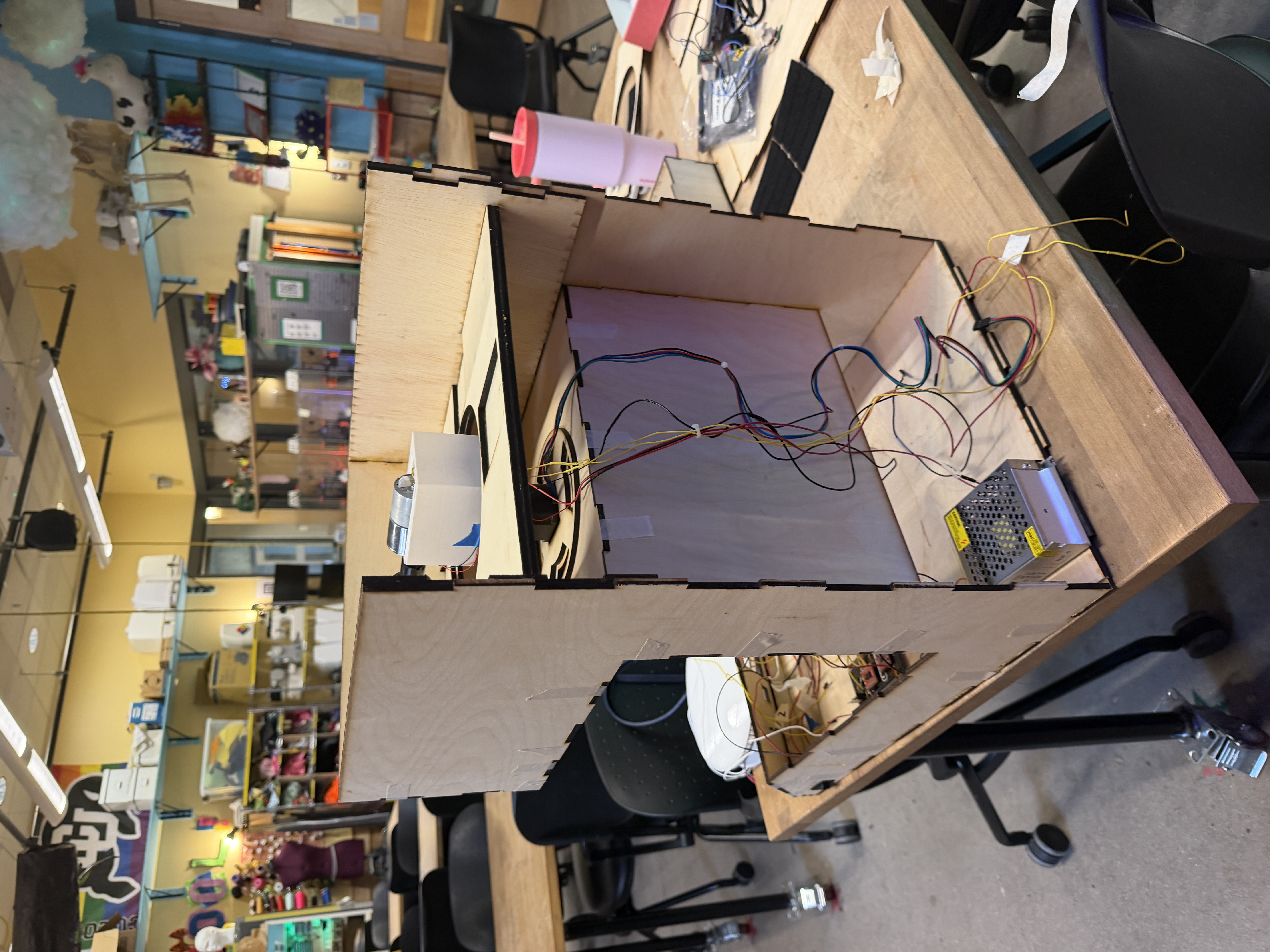 Integrated prototype, back open showing wiring