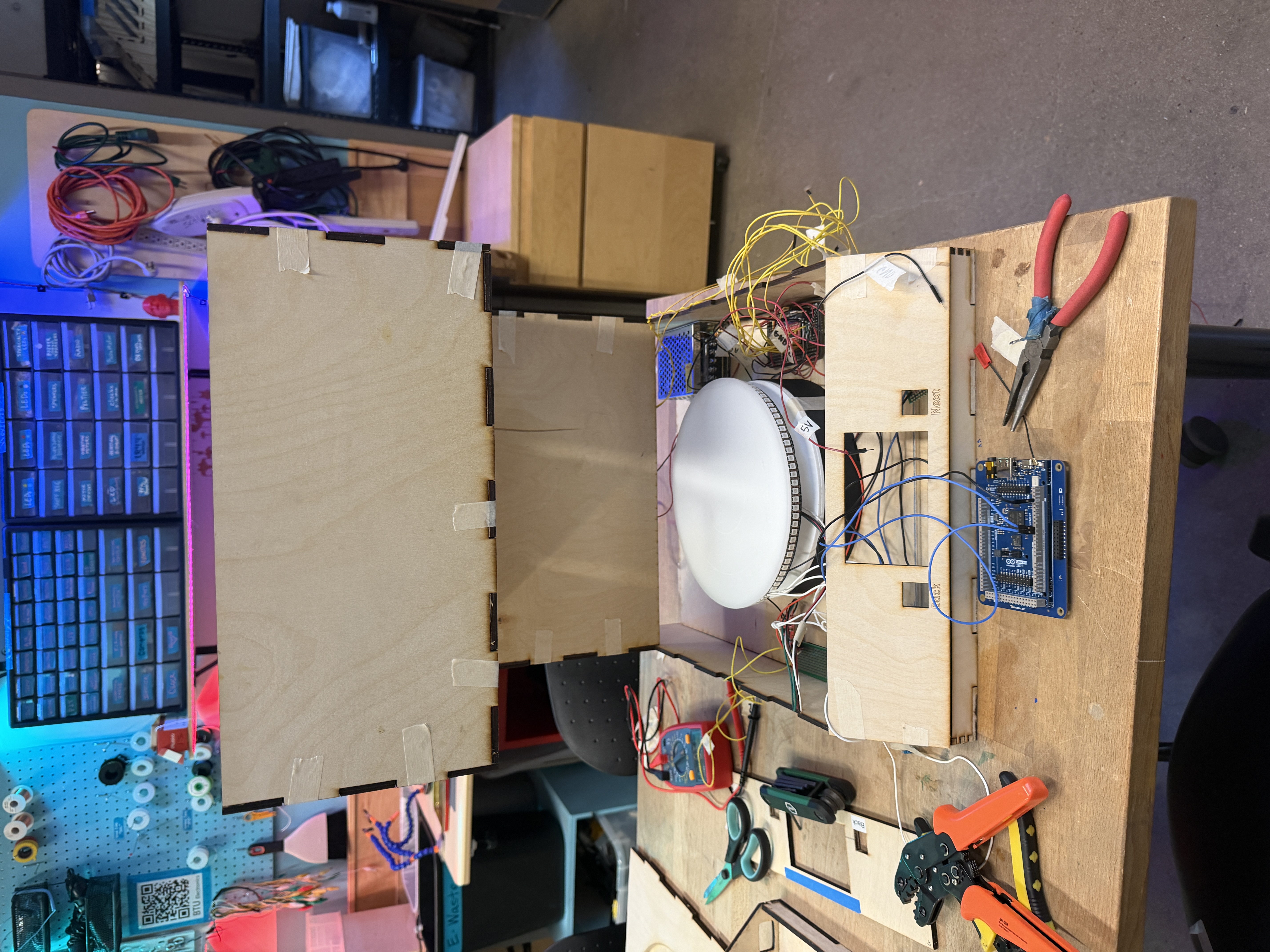 Integrated prototype, front open showing wiring